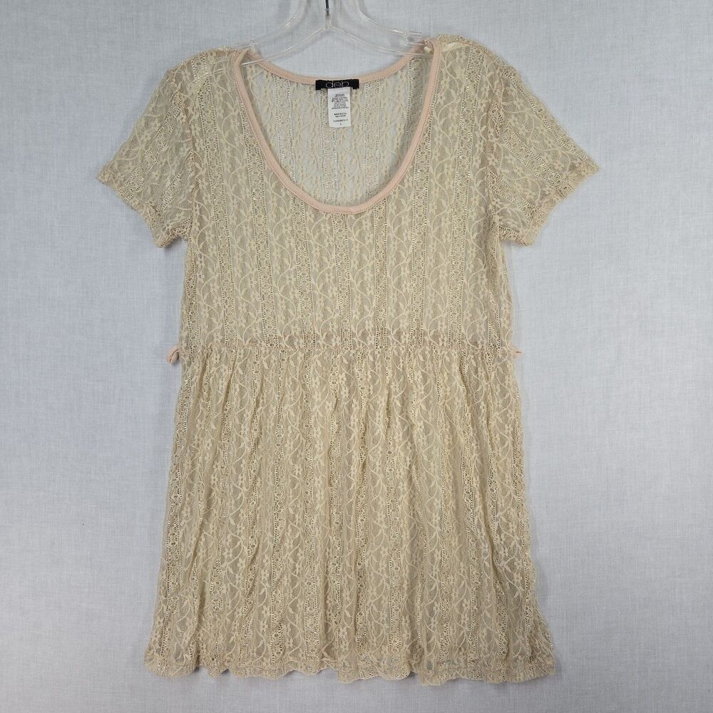Y2K Deb Lace Babydoll Top Cream Sheer Shimmer Empire Waist Size L